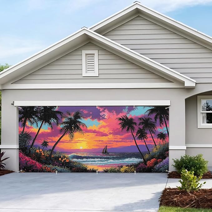 7 * 16FT Summer Sunset Garage Door Cover Decorations Sunset Palm Trees Garage Door Banner for Outdoor Indoor Summer Party Photography Backdrop