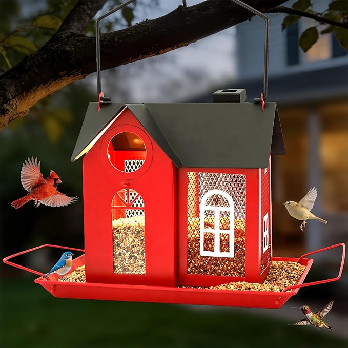 Solar Bird Feeder for Outdoors - Red Metal Hanging Bird Feeder with Solar Light, Decorative for Wild Cardinals, Finches, Weatherproof Backyard Garden Decor Ideal Gift for Women Mom Grandma