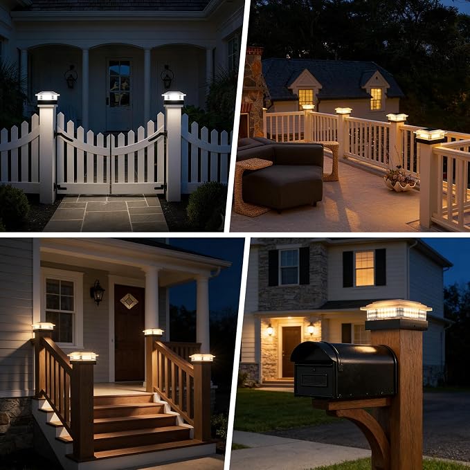 4x4 40 Lumens Post Solar Lights 6 Pack, Fence Post Solar Lights 4 Lighting Modes Solar Post Cap Lights for 4x4 3.5x3.5 Wood/Vinyl Posts, IP67 Waterproof Post Lights for Fence Mailbox Porch Post