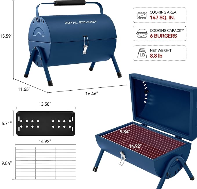 Royal Gourmet CC1015B Portable Charcoal Grill, 147 Sq. In. Cooking Area, with Four Air Vents, Lid Latch Buckle, Lid Handle, for Outdoor Backyard, Patio Parties and Picnics, Blue