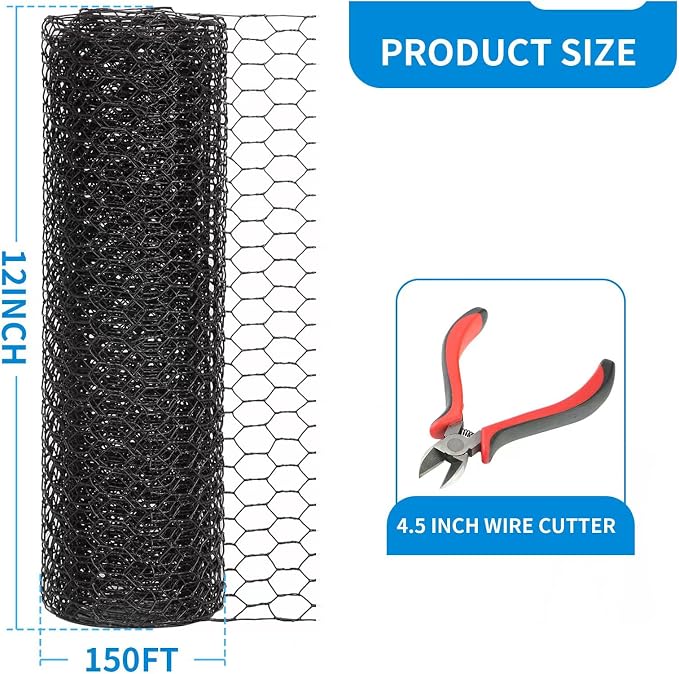12'' x 150' Black Chicken Wire Mesh Fence, 19 Gauge Galvanized Poultry Netting and 1 inch Garden Mesh Fence Roll, Chicken Wire for Floral Arrangements/Crafts/Farm/Livestock/Pet Protection