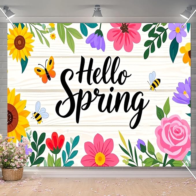 BlissYard Hello Spring Backdrop Decoration Floral Garden Banner 8x6ft Spring Photo Backdrop Flower Background for Spring Party Easter Celebration Photo Booth Kids Event Wall Display