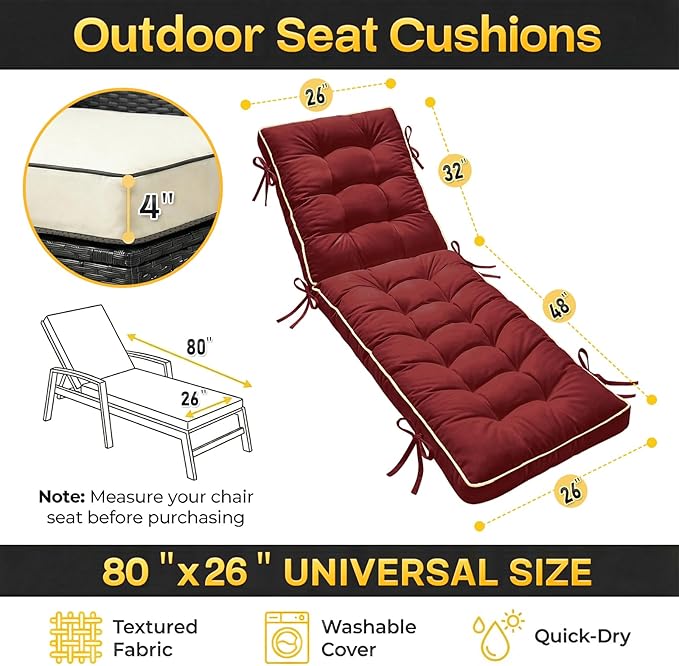80x26 Inch Folding Chaise Lounge Cushion Quick Dry - Outdoor Sun Lounger Seat Pad with Shredded Foam for Patio Furniture, Deck Chairs, Poolside (RED, 80 INCH × 26 INCH)