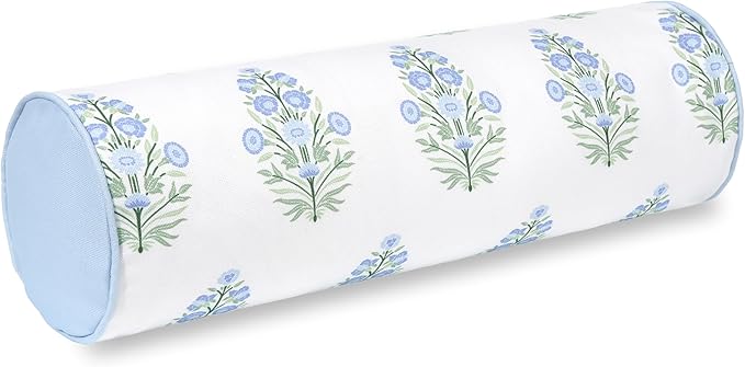 Hofdeco Premium Coastal Grandmillennial Patio Indoor Outdoor Bolster Pillow Cover Only, 6"x20" Water Repellent for Backyard, Couch, Poolside, Baby Blue Print Flower