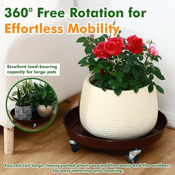 Planterhoma 3 Packs 20 inches Metal Plant Caddy with Wheels Extra-Large Rolling Plant Stand Heavy-Duty Iron Plant Dolly Casters for Indoor Outdoor Flower Pot Mover Roller Coasters, Dark Coffee