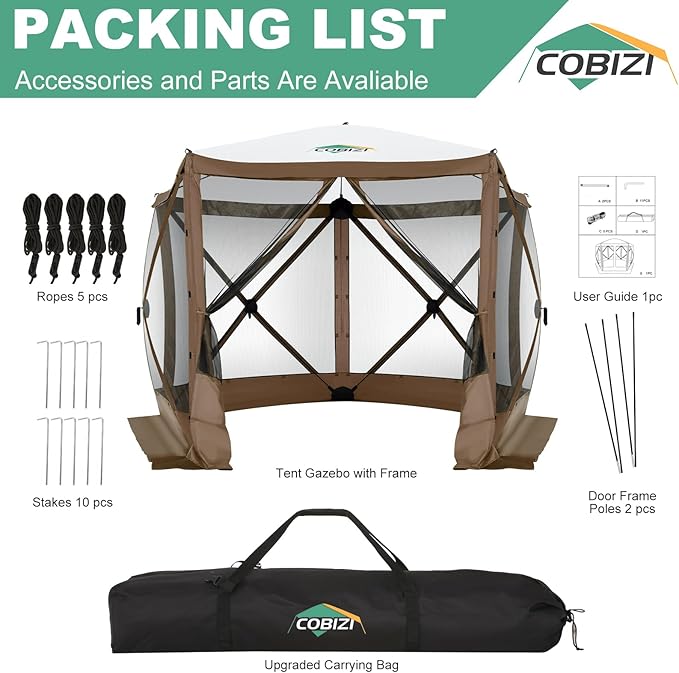 COBIZI 10x10 FT Pop up Gazebo, Popup Canopy Tent,Instant Screened in Gazebos, Waterproof Portable Outdoor Small Screen Tents Sun Shelter,carpas para Patio for Camping, Garden and Backyard,Brown