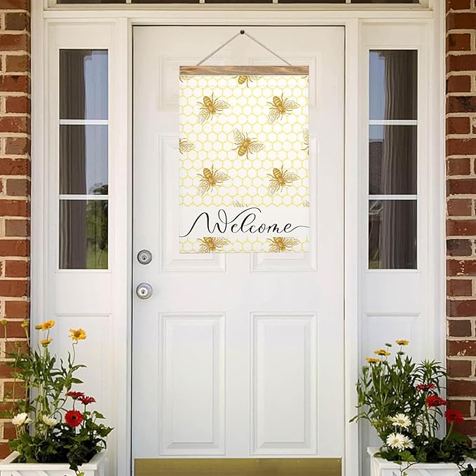 Mugod Welcome Flying Bee Garden Flag 12.5x18 Inch Double Sided, Honeycomb & Bees Yard Flag for Outdoor House Porch Patio Lawn Decor