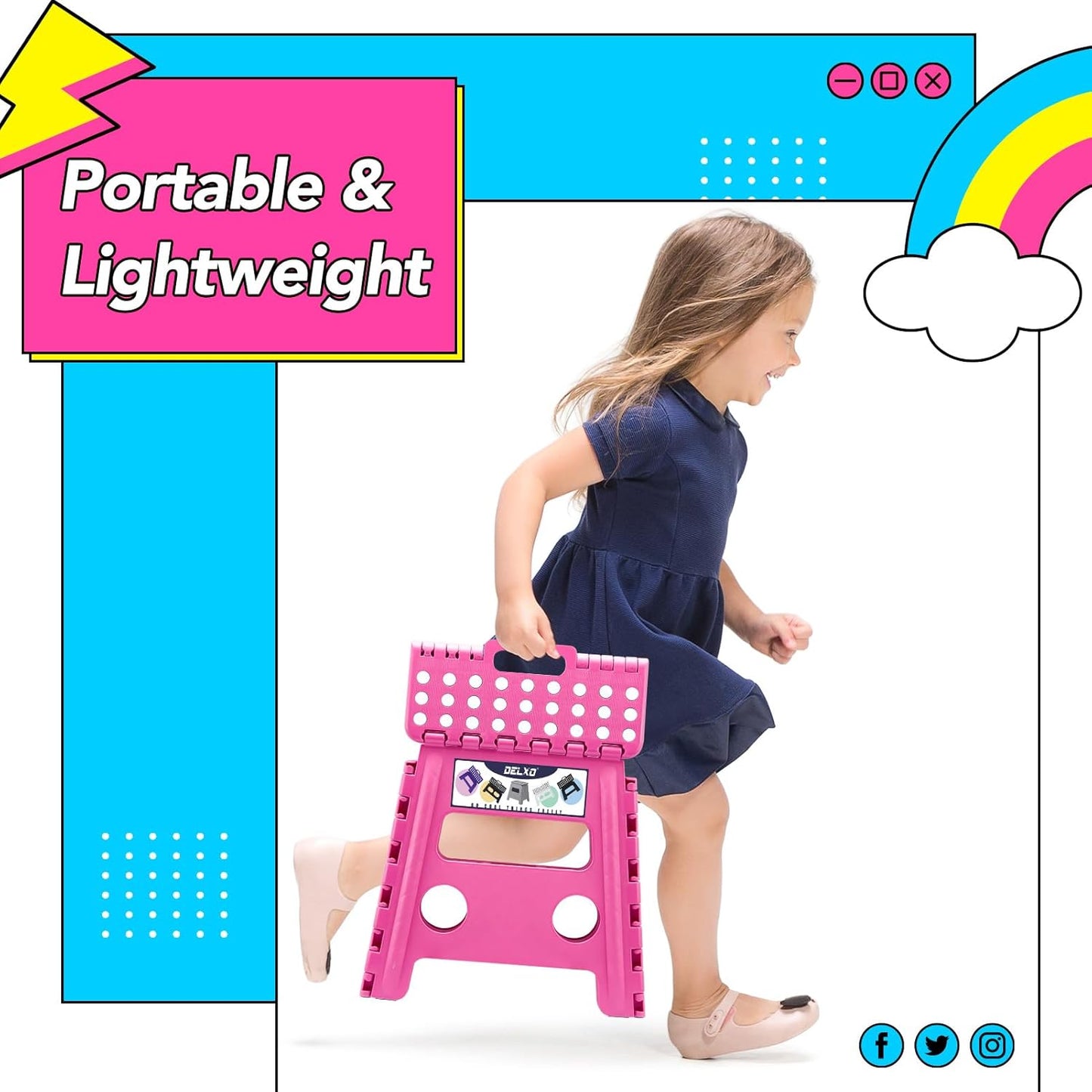 Delxo Folding Step Stool, 13 inch Non-Slip Foldable Stools for Kids & Adults Up to 300 LBS, Step Stool with Handle, Lightweight for Kitchen, Bathroom, Bedroom, Garden, Rose Pink, 1PC