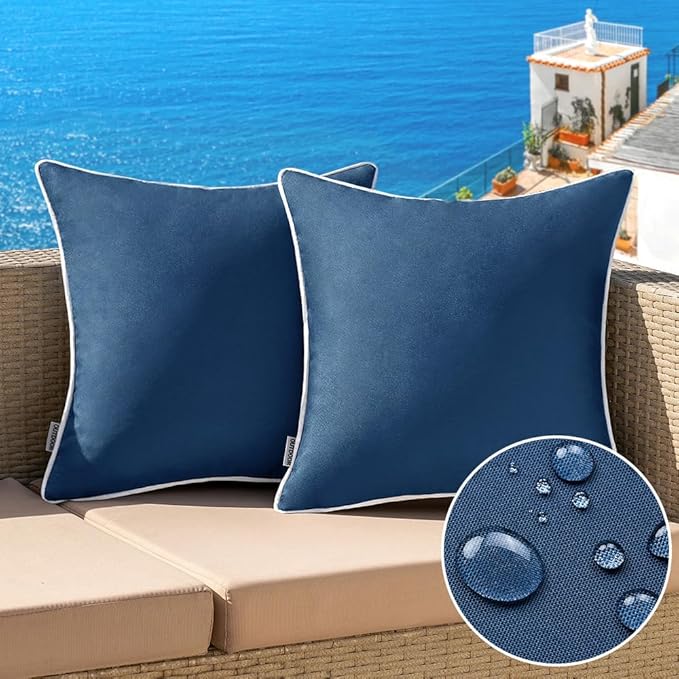 MIULEE Pack of 2 Outdoor Waterproof Pillow Covers Decorative Farmhouse Throw Pillow Covers Square Solid Color Couch Cushion Covers for Patio Tent Bed Sofa Living Room 18x18 Inch Navy Blue