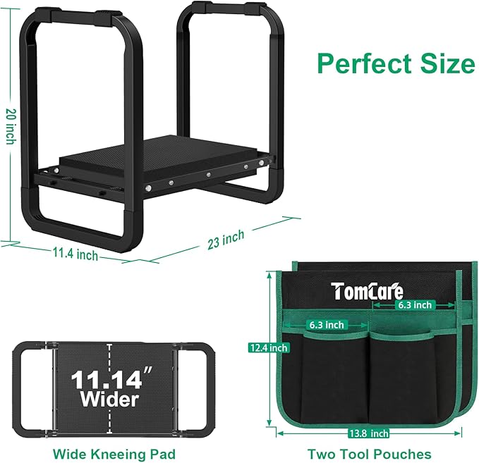 TomCare Garden Kneeler and Seat 11.14” Wider Larger Soft Kneeling Pad Garden Bench with 2 Large Tools Pouches Heavy Duty Foldable Garden Stool Gardening Gifts for Women Men Gardeners Seniors, Black