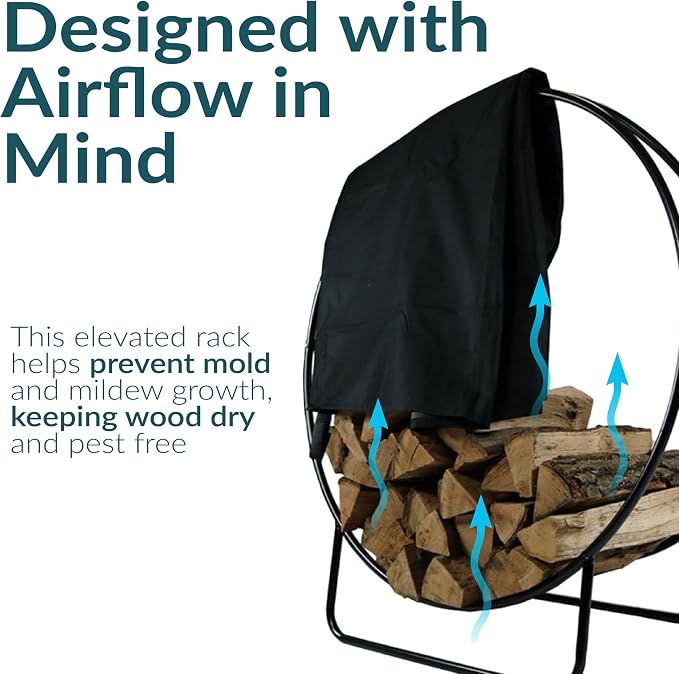 Sunnydaze 24-Inch Firewood Rack with Cover - Black Indoor Firewood Holder - Log Holder Hoop and Cover Set - 300-lb Capacity