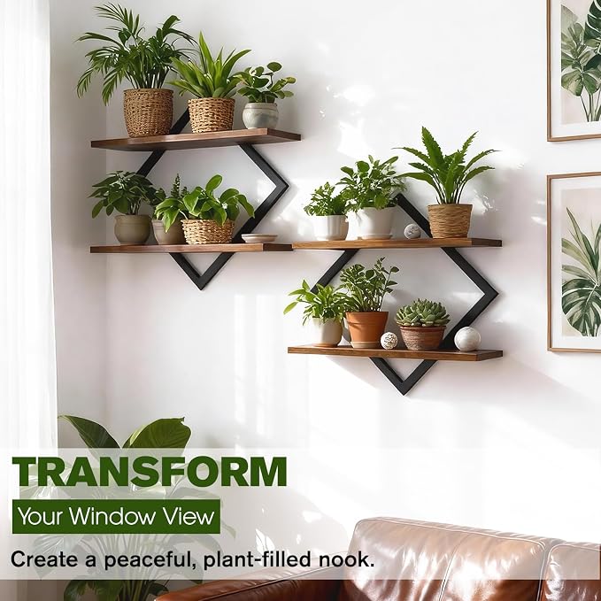 2 Pack Floating Wall Shelves Plant Holders, Brown | For Indoor Plants, Wall Mounted Plant Stand, For Small Plants, Multi-Room Use