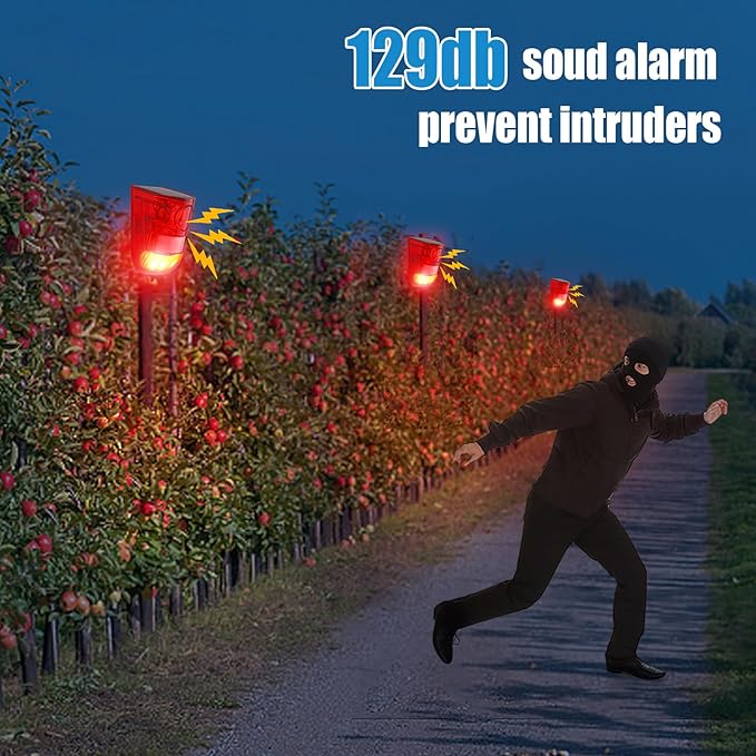 Qualirey Solar Sound and Light Alarm Motion Sensor 129db Outdoor Security Siren Waterproof Activated Detector Driveway Alarm 6 LEDs Flash Warning Deterrent Strobe System for Home, Farm(Red,8 Pack)