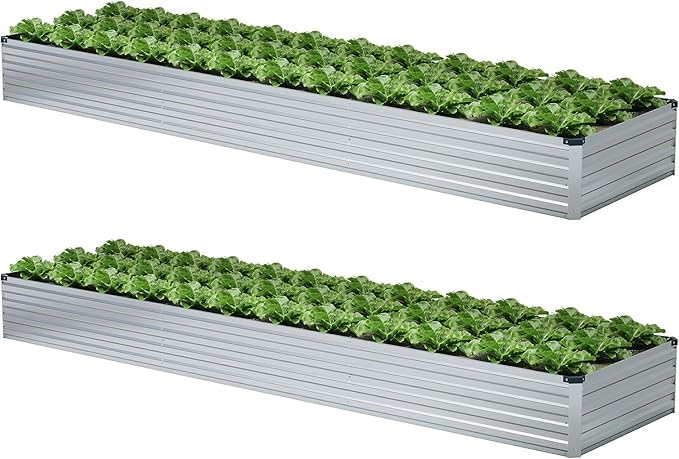 Meberam 2 Pack 12x2x1FT Galvanized Raised Garden Bed Kit, Outdoor Metal Planter Box for Vegetables, Bottomless Rectangular Gardening Bed with Support Rods, Tool-Free Assembly, Silver
