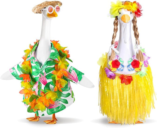 DECOHS 2 Set Hawaiian Porch Goose Outfits, Summer Bikini Lawn Goose Costume, Yard Goose Clothes Grass Skirt Straw Hat with Wreath Glasses Wig for 23" Statue Patio Garden Decoration