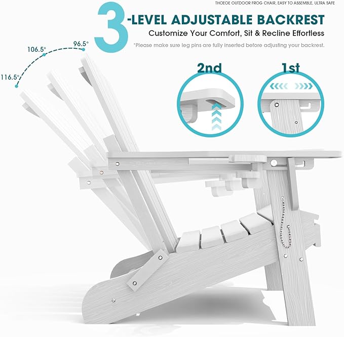 THOEOE Folding Adjustable Adirondack Chairs with Ottoman & 1 Cup Holders, HDEP Multifunctional Adirondack Chair with Footrest,White