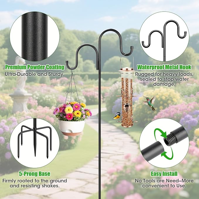 63 Inch Double Shepherds Hooks for Outdoor, Heavy Duty Bird Feeder Pole with 5 Prongs Base for Hanging Lantern, Hummingbird Feeder, Lightweight Plant, Shepherds Hook for Bird Feeders for Outside