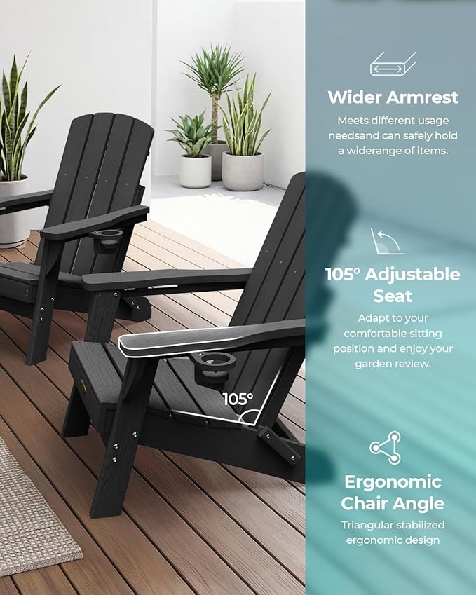 Folding Adirondack Chair 2 Pack, HDPE All-Weather Fire Pit Chairs, Plastic Adirondack Chairs with 2 Cup Holder, Outdoor Lawn Chair for Patio Garden (Black)