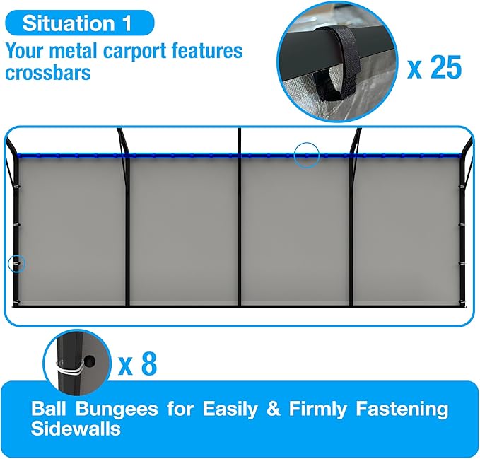Metal Carport Replacement Sidewall Kit for 20x20 FT, 2 Side Panels & 2 Zipper Doors, Heavy Duty 220g PE Tarp, Waterproof UV Resistant Roll-Up Cover, Grey (No Frame)