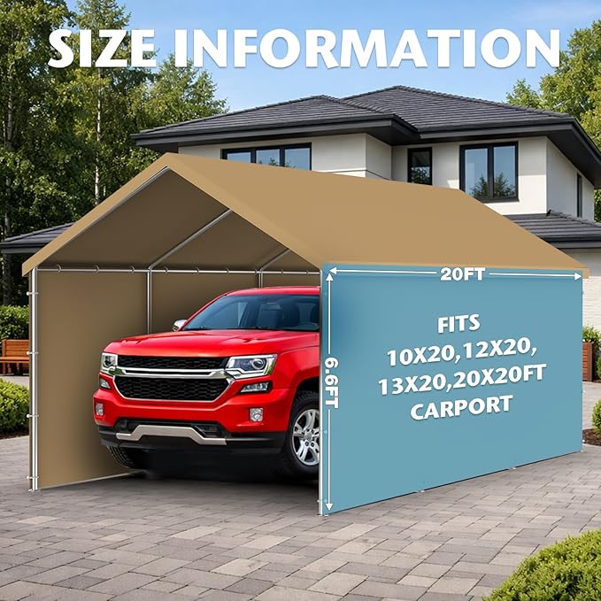 Carport Replacement Canopy Sidewall 20x6.6FT Fits 10x20,12x20,13x20,20x20FT Carport, Waterproof & UV Protected, with Ball Bungees (Only Sidewall, Frame Not Include) (Khaki, Sidewall 1 Pack)
