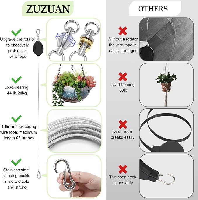 2Pcs Upgraded Heavy Duty Retractable Plant Hanger,Plant Pulleys for Hanging Plants,Easy to Raise and Lower,Auto Lock,Adjustable Hook for Garden Baskets Pots,Birds Feeder and Wind Chime,Black
