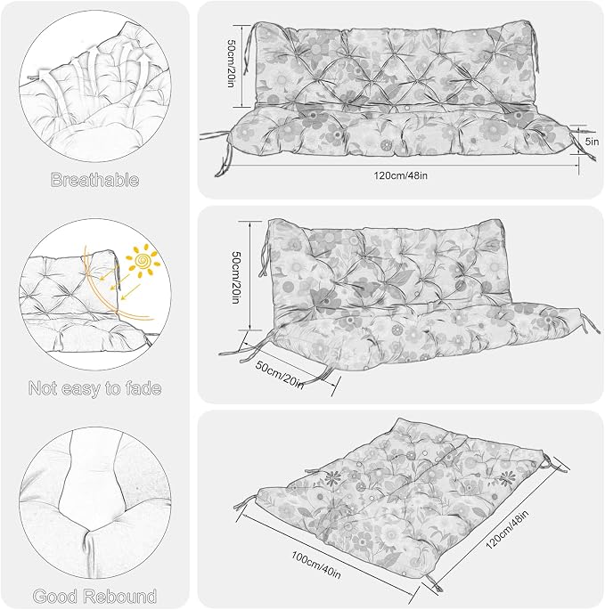 Porch Swing Cushions Outdoor 48 inch x 40 Waterproof Swing Cushions 3 Seater Replacement with Backrest & 8 Ties 5" Thick Bench Swing Cushions for Outdoor Furniture Patio(Floral Pattern)