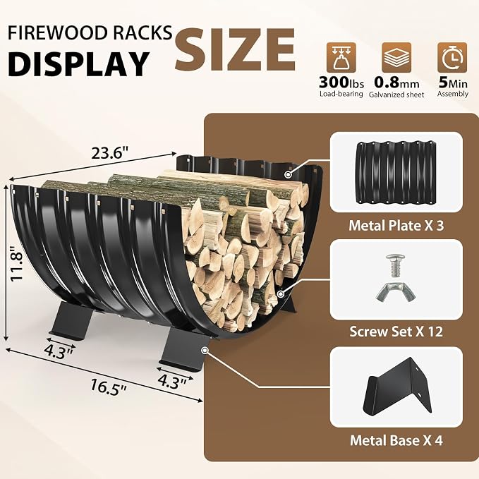TBMLC 24 inch Diameter Semicircle Firewood Rack Storage -0.8MM Thick Galvanized Steel with Wave Pattern & 4 Stable Feet, Black Coated for Indoor/Outdoor Wood Storage (2FT Diameter)