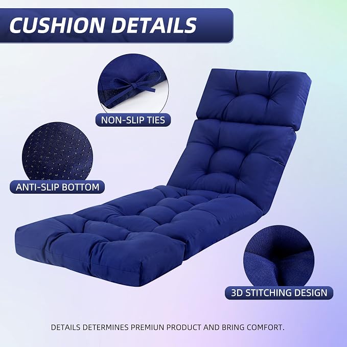 Patio Chaise Lounge Cushions, 70.5"x21"x4" Waterproof Replacement Beach Pool Lawn Outdoor Lounge Chair Cushion, Non-Slip Bottom & Secure Ties for Outdoor Furniture，Dakr Blue, 1Count