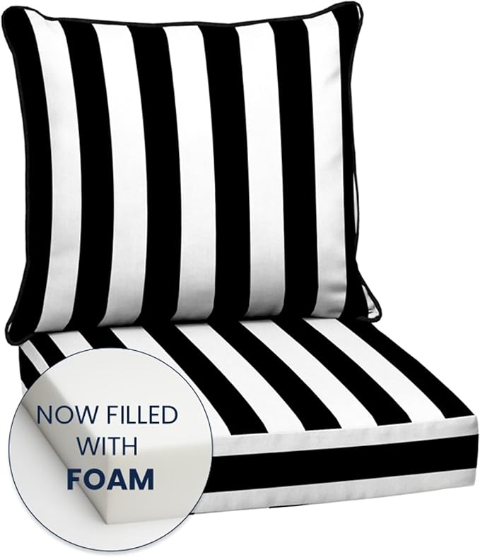 Arden Outdoor Foam Deep Seat Cushion Set, 24x24, Premium High-Density Foam, Never Flattens, Weather-Proof for Patio Chair Sofa Couch, Black Cabana Stripe