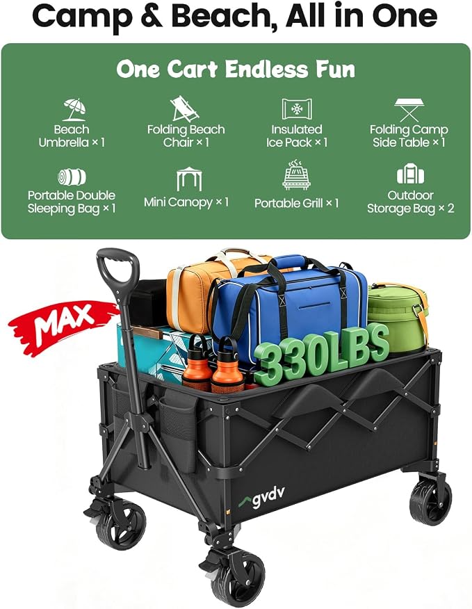 GVDV CW35 Wagons Carts Foldable, 42-Inch Extended Handle Collapsible Utility Wagon with Wheels, Shopping Cart, 330LBS Heavy-Duty Cart for Groceries, Camping, Beach, Garden, Sports