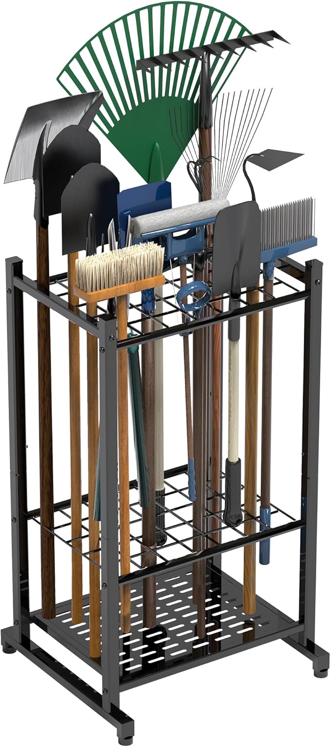 Garden Tool Organizer, Yard Tool Tower Rack for Garage Organization and Storage, Up to 35 Long-Handled Tools/Rakes/Brooms, Heavy Duty Steel Garden Tool Stand for Shed, Outdoor, Black