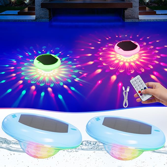 Solar Rechargeable Floating Pool Lights, 2600mAh Rechargeable Pool Lights with Remote, 6.7 Inch Solar Pool Lights That Float with 13 RGB Color Changing, IP68 Waterproof Floating Light for Pools 2 Pack