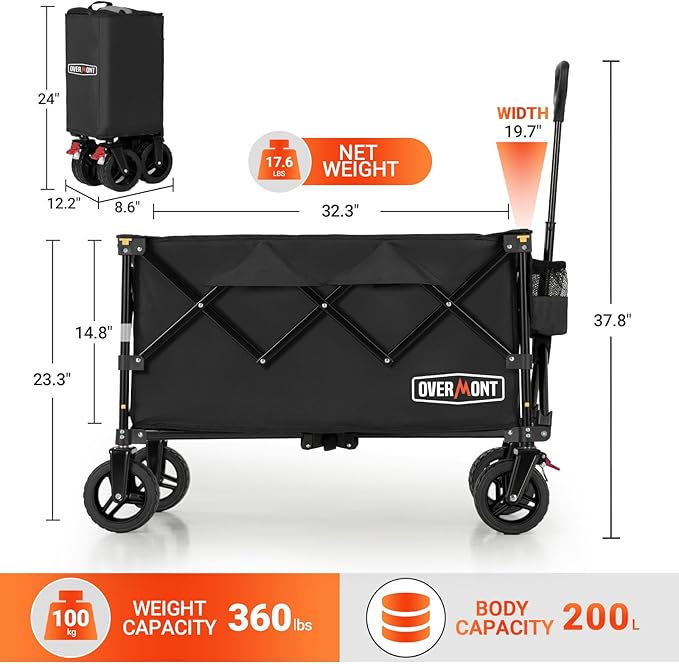 Overmont Ultra-Compact Collapsible Wagon Cart -200L Portable Folding Wagon with All-Terrain Wheels Utility for Beach, Grocery Shopping, Camping, and Gardening – 360lbs Load Capacity Black