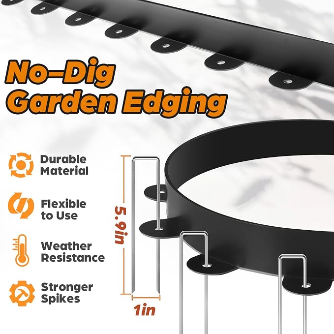 Jorvila Landscape Edging, 1.5" x 60' Plastic Garden Edging with 60 Pcs Metal Spikes, Flexible Garden Border for Lawn, Landscaping, Flower Beds