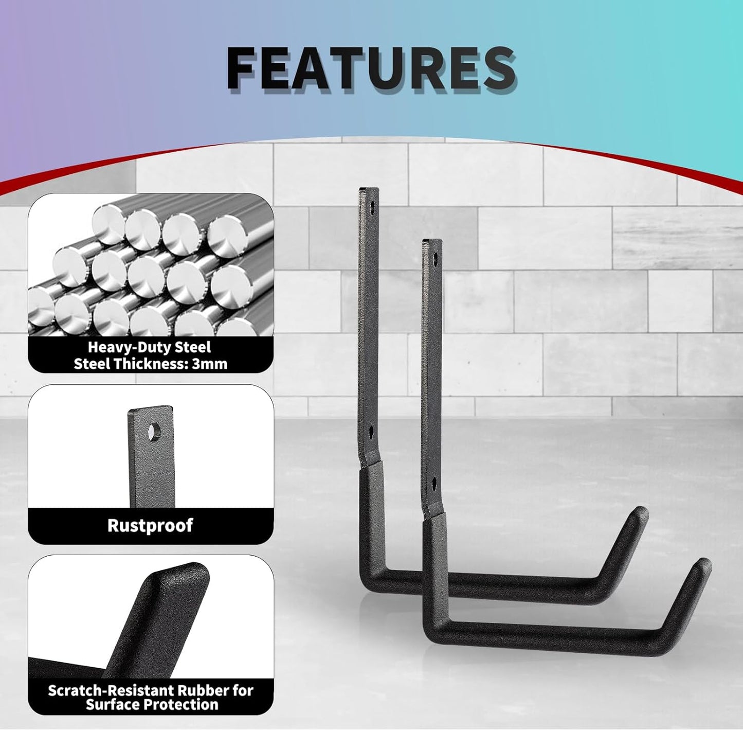 Heavy Duty Wall Mount Hooks, Utility Hooks - Large Steel U Hooks (6 Pack) for Tools, Hoses, Garden & Garage Organization