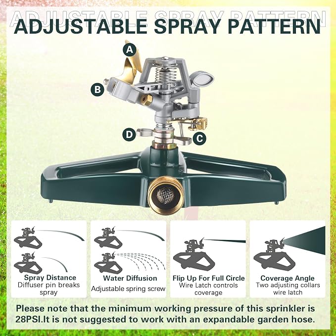 3 Sets Rotating 360 Degree Swivel Garden Sprinkler Pulsating Impact Sprinkler with Metal Base, Heavy Duty Adjustable Garden Hose Sprinklers System for Large Area Lawn Yard(Small Head)