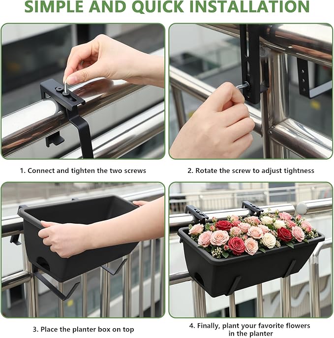 OYEAL Railing Planter Box 4 Pack Window Boxes Planters with Adjustable Brackets 17 Inch Hanging Planters for Outdoor Plants Flower Boxes for Balcony Fence Deck Railing Porch Over Rail, Black
