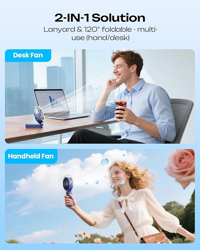 Otlonpe Handheld Misting Fan Portable, Powerful 4 High Speeds Rechargeable Small Hand Held Fan Water Mist, 4000mAh Battery Operated, Foldable, Lanyard, Personal Cooling for Travel Men Wome