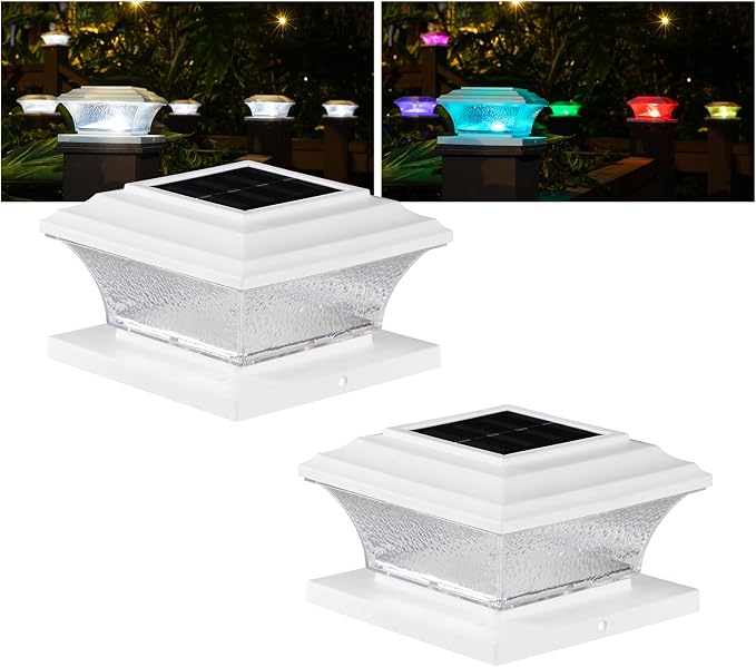 HUYIENO Solar Post Cap Lights Outdoor LED Lighting Deck Fence Cap Light 9 Light Modes Bright White/7 Color Fixed Modes/7 Color Cycling Mode Suitable for 4x4 5x5 Wooden Posts 4x4 5x5 Vinyl Posts