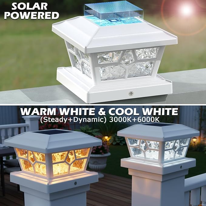 SIEDiNLAR Solar Post Lights Outdoor 6 Pack 4 Modes 40 LEDs Deck Fence Post Cap Light for 4x4 5x5 6x6 Vinyl/Wooden Posts Patio Decor, Warm/White Dynamic Lighting (White)