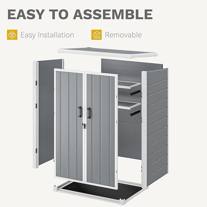 DWVO 60 Cuft Outdoor Tall Storage Shed with 2 Shelves, 5X3FT Vertical Tool Shed with Floor & Lockable Doors, Sturdy Double-Wall Plastic Cabinet for Garbage Cans and Garden Equipment (Gray)
