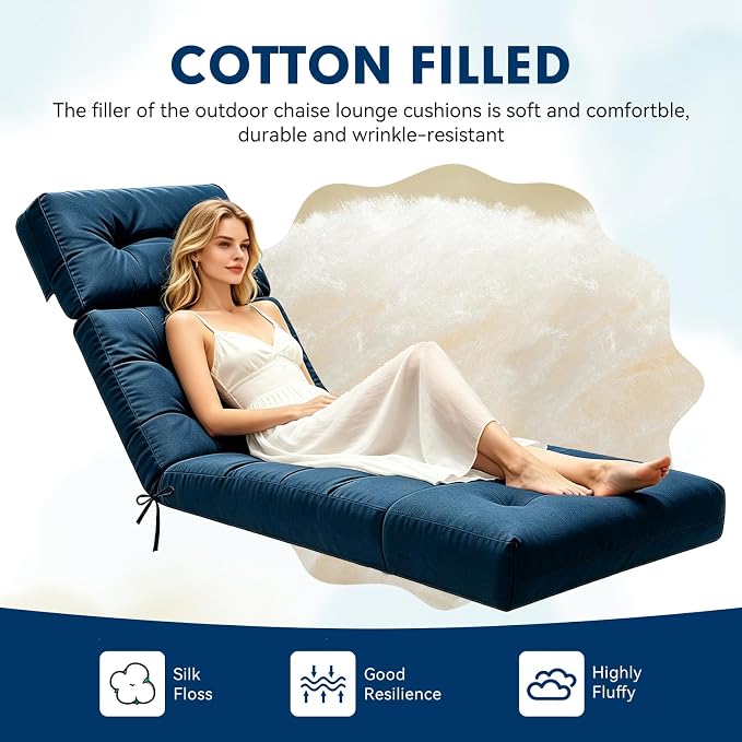 Non-Slip Outdoor Chaise Lounge Chair Cushion, Waterproof 74.4 x 22 x 4.7 Inches Lounge Chair Cushions for Outdoor Patio Furniture with Ties, Pool Chaise Lounge Cushions Replacement, Blue
