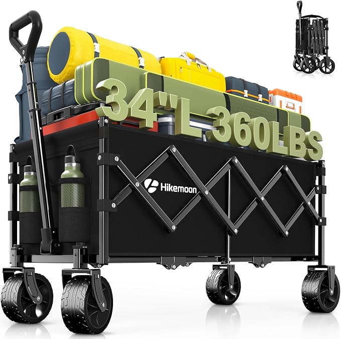 Hikemoon 34'' Extra Long Collapsible Wagon with Big All-Terrain Wheels, 360LBS Heavy Duty Wagons Carts Foldable, Portable Utility Folding Cart for Grocery, Shopping, Beach, Garden, Camping, Black