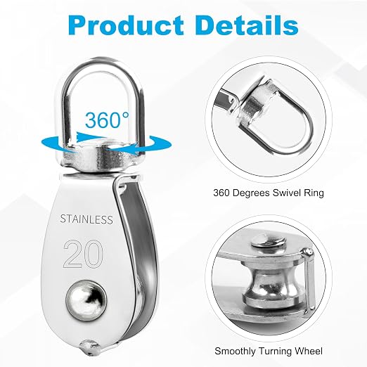 24 Pack M20 Single Pulley Block, 304 Stainless Steel Wire Rope Cable Pulley, Heavy Duty Swivel Pulley Wheel Hanging Wire Towing Wheel for Lifting