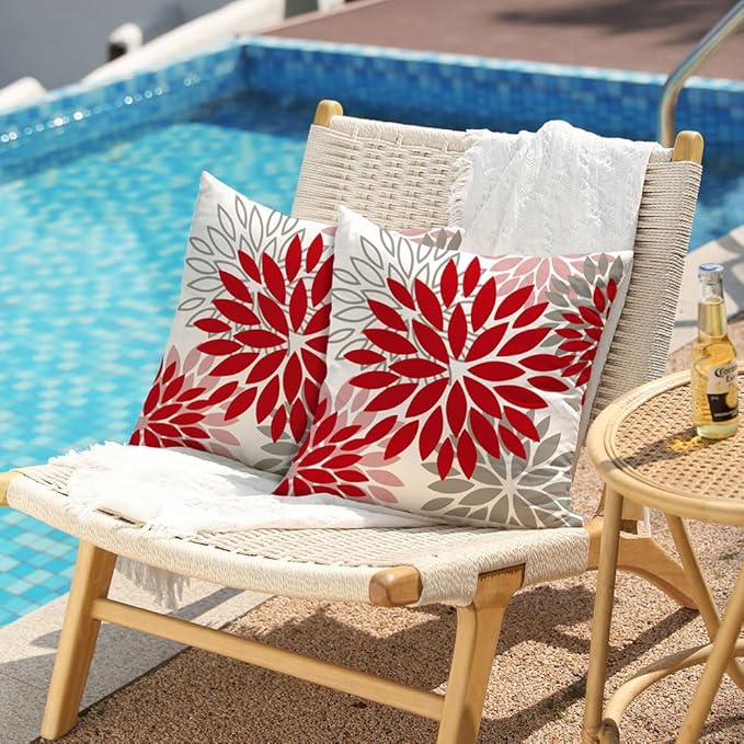 DFXSZ Red Pink Flower Pillow Covers 16x16 Inch Set of 2 Valentines Day Pillow Covers Outdoor Waterproof Decor for Living Room Sofa Patio Funiture Garden Floral Polyester pillowcovers 012F16
