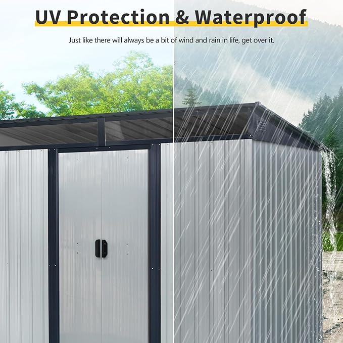 8x6 FT Outdoor Metal Storage Shed, Galvanized Steel Garden Shed, Foundation Frame, Ventilated Tool Storage House, Sloped Roof, Weather Resistant Backyard Shed for Lawn Equipment, White+Black