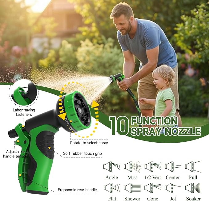 Non-Expandable Garden Hose 50 FT, Heavy-Duty & Flexible Water Hose with 10-Function Nozzle, Kink-Free & Leak-Proof Design, Ultra Lightweight Portable Yard Hose for Lawn, Car, Outdoor Use