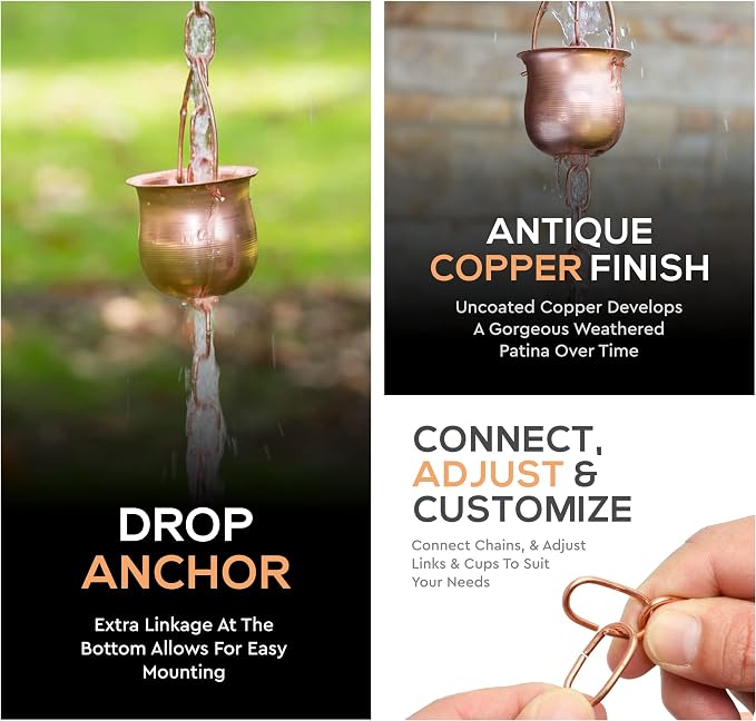 Copper Rain Chain – Decorative Chimes & Cups Replace Gutter Downspout & Divert Water Away from Home for Stunning Fountain Display – for Universal Fit