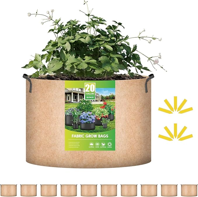 iPower 20 Gallon 10 Pack Grow Bags Nonwoven Fabric Pots Aeration Container with Strap Handles for Garden and Planting, 10-Pack Tan, 20 Gallon