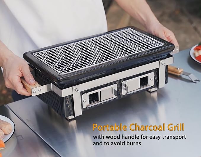 ONLYFIRE GRILLS Charcoal BBQ Hibachi Grill with Grid Lifter, Portable Yakitori Grill with Stainless Steel Grate, Barbecue Stove for Outdoor Camping Picnic Patio Backyard Cooking, GS306